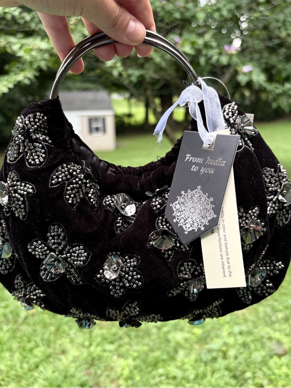 NWT Viral Velvet Sequin Beaded Floral Evening Bag With Metal Handles